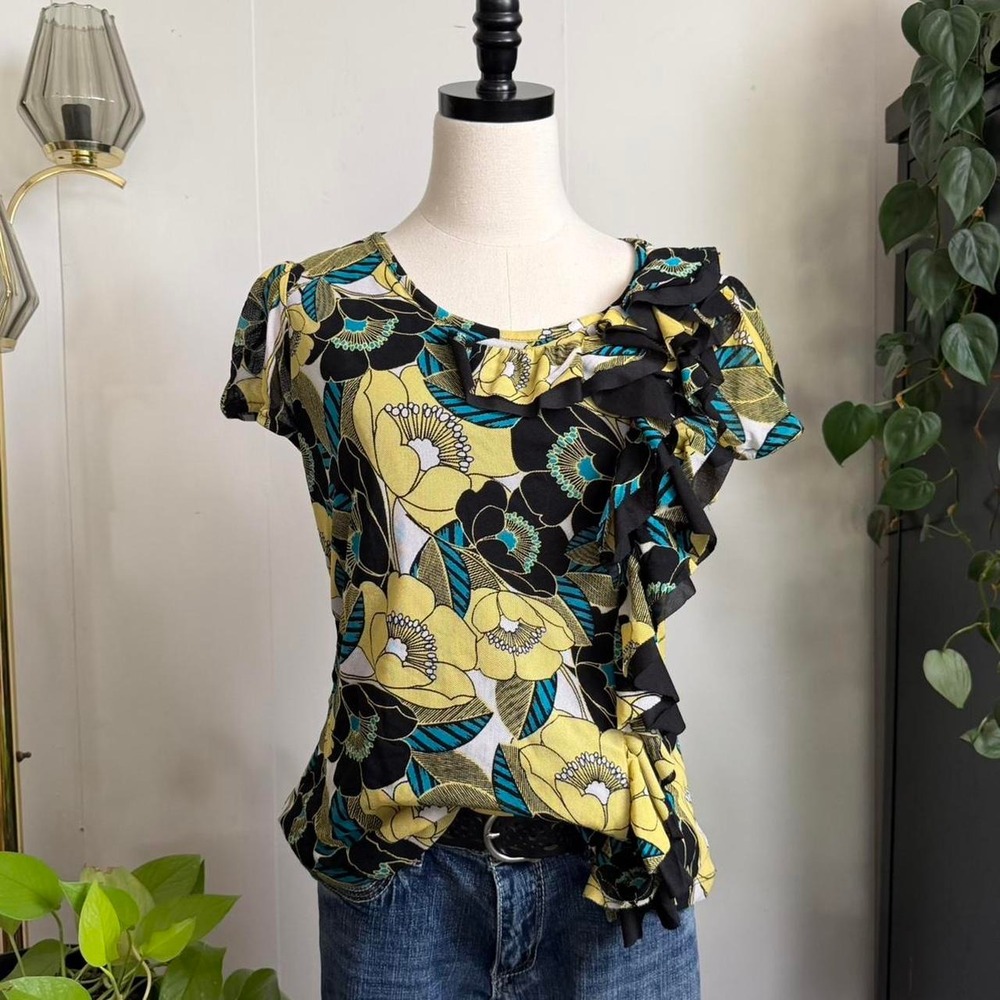 East 5th Petite Large Y2K Floral Mesh Ruffle Blouse Yellow Teal Black PL